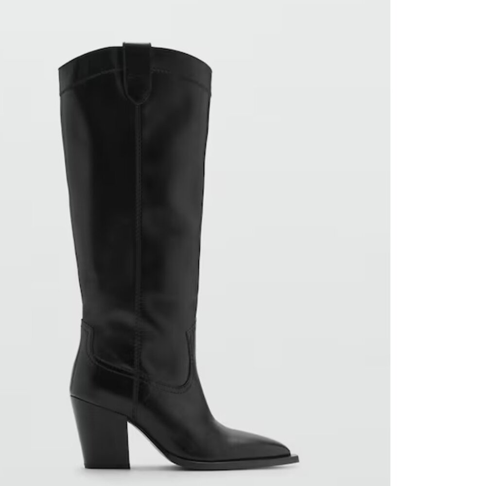 Mango Black Leather Western Knee-High Heeled Boots, NWT, 7.5 - Picture 2 of 13